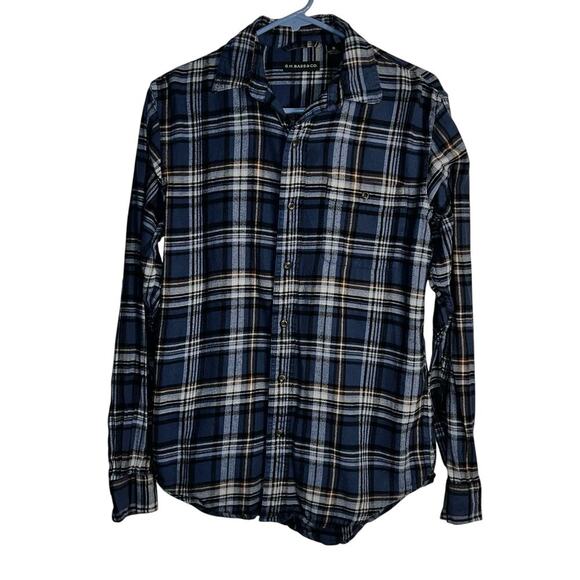 G.H. Bass & Co. Men’s Small Blue Brown White Plaid Flannel Shirt 100% Cotton - Picture 1 of 7